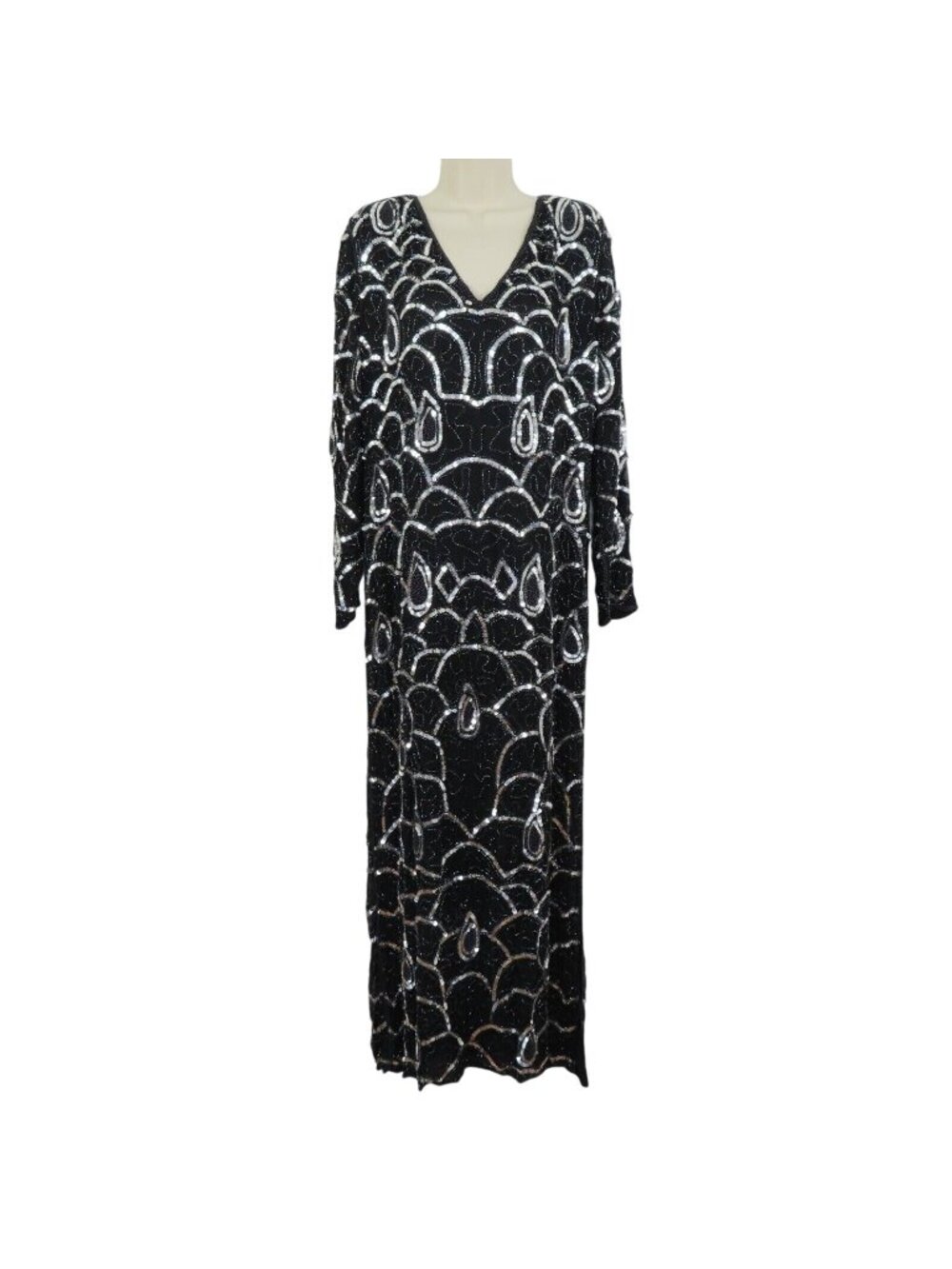 VTG Women Large Silk Black Silver V Neck Sequin Beaded Caftan Kaftan Gown Dress